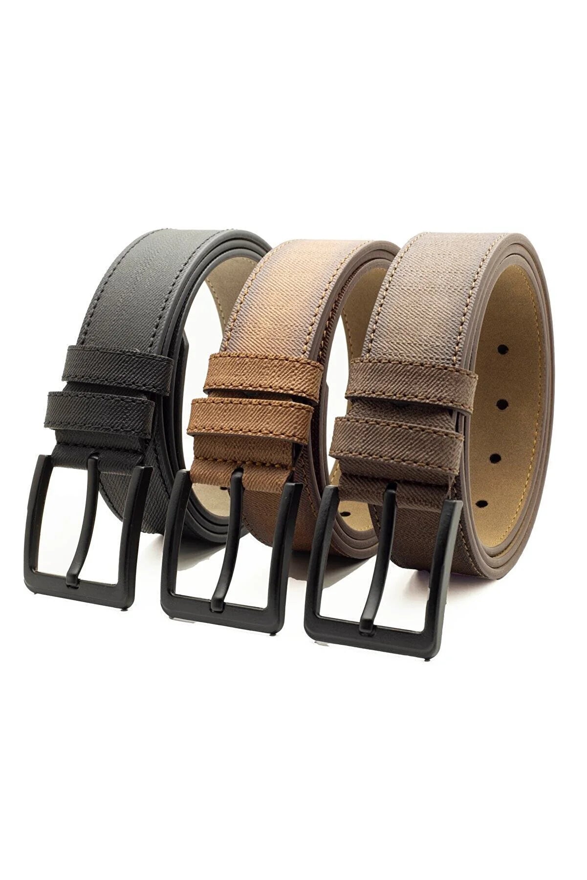 3 Pieces Men's Belt Set Suitable for Denim and Canvas - Classic Black Faux Leather